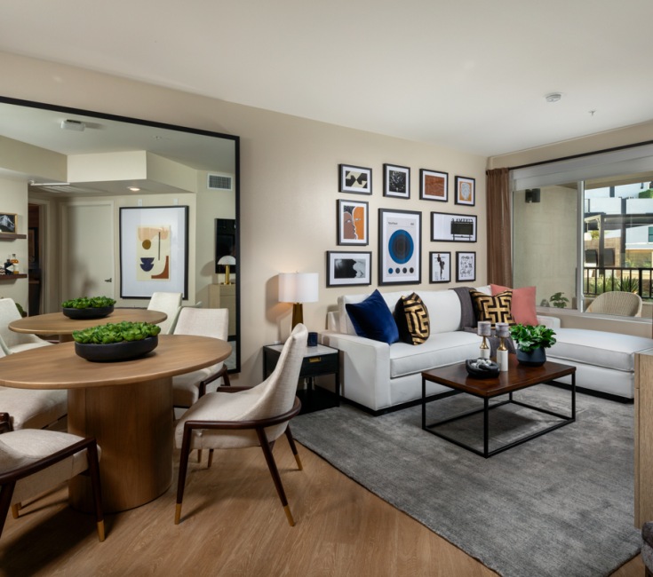 Modern dining area at Rae on Sunset apartments in West Hollywood, CA. Modern dining area at Rae on Sunset apartments in West Hollywood, CA.