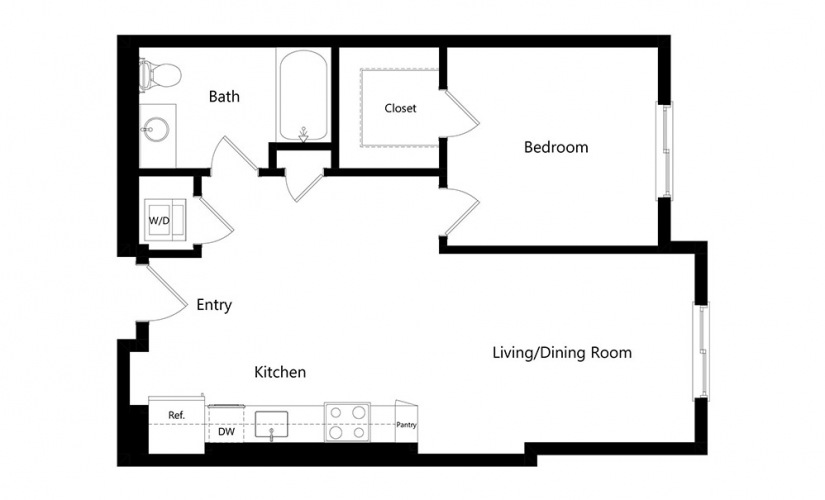 A11  - 1 bedroom floorplan layout with 1 bath and 702 square feet.