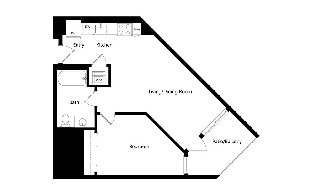 A13 - 1 bedroom floorplan layout with 1 bath and 654 square feet.