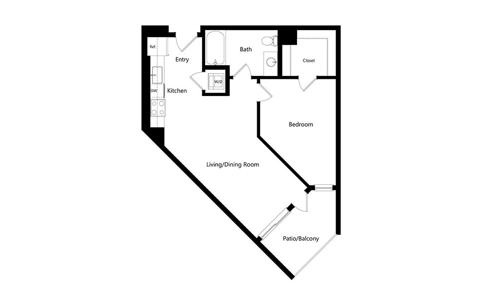 A14  - 1 bedroom floorplan layout with 1 bath and 679 square feet.