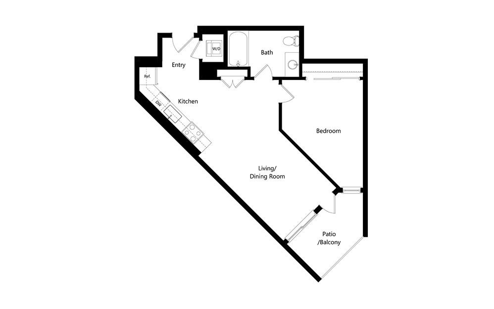 A15 - 1 bedroom floorplan layout with 1 bath and 696 square feet.