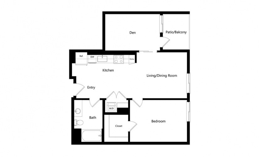 A16 - 1 bedroom floorplan layout with 1 bath and 843 square feet.