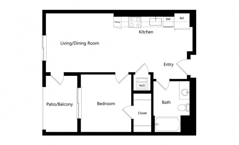 A7  - 1 bedroom floorplan layout with 1 bath and 643 square feet.