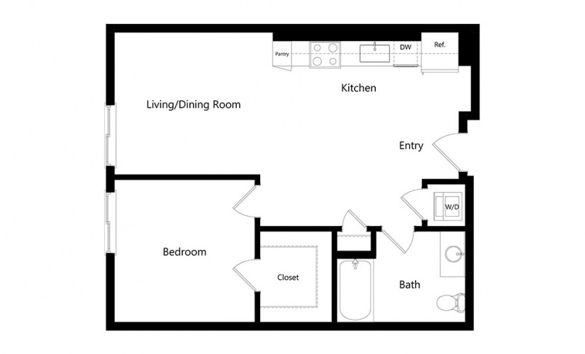 A8  - 1 bedroom floorplan layout with 1 bath and 725 square feet.
