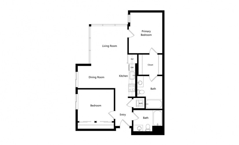 B1  - 2 bedroom floorplan layout with 2 baths and 971 square feet.