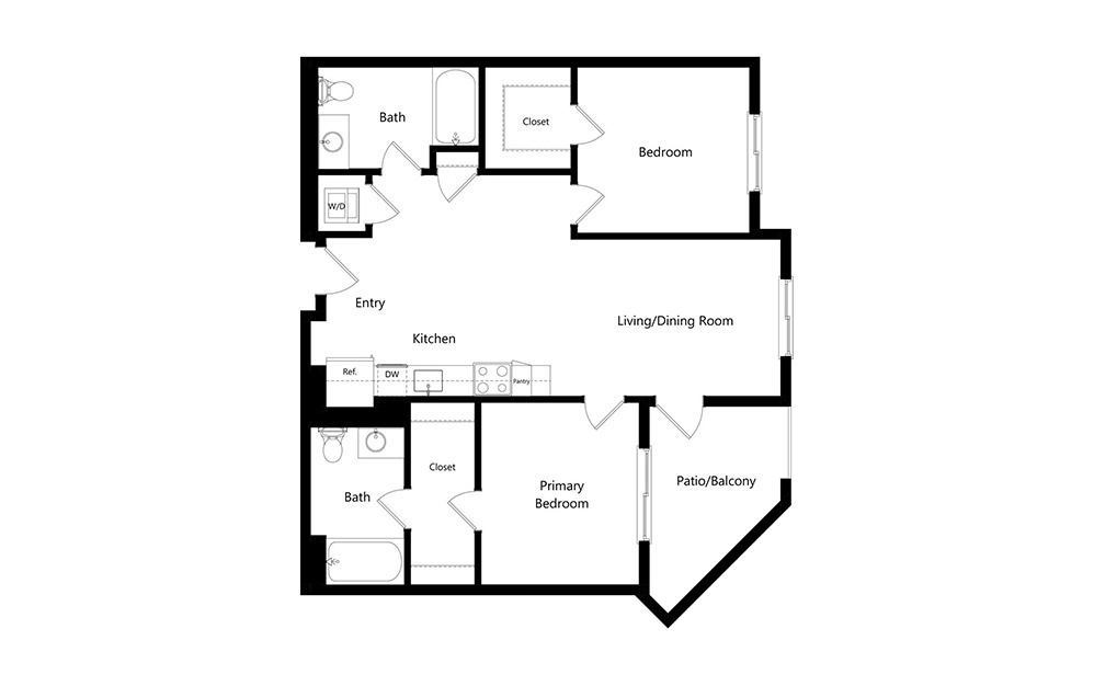 B10 - 2 bedroom floorplan layout with 2 baths and 966 square feet.