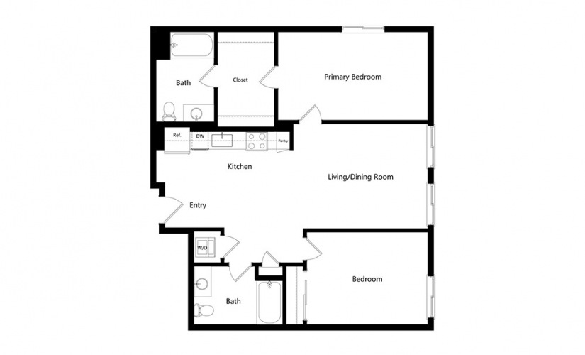 B2  - 2 bedroom floorplan layout with 2 baths and 1015 square feet.