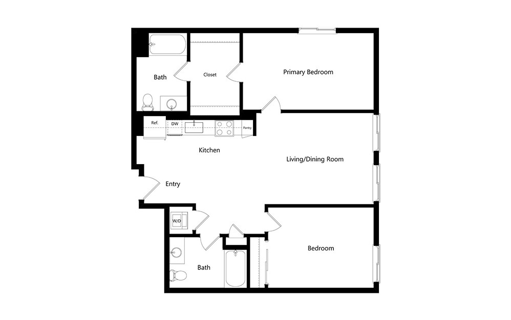 B2  - 2 bedroom floorplan layout with 2 baths and 1015 square feet. (Preview)