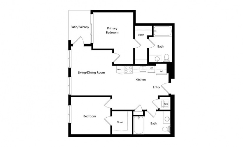 B3  - 2 bedroom floorplan layout with 2 baths and 969 square feet.