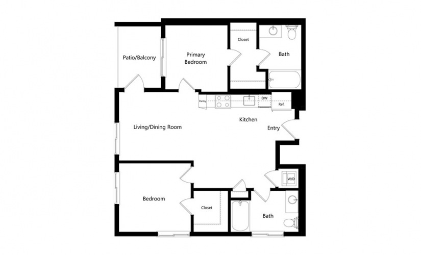 B5  - 2 bedroom floorplan layout with 2 baths and 926 square feet.