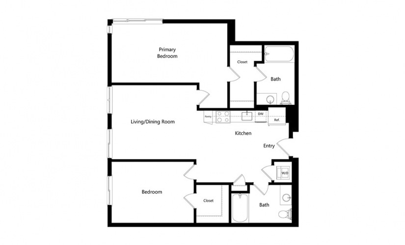 B6 - 2 bedroom floorplan layout with 2 baths and 1144 square feet.