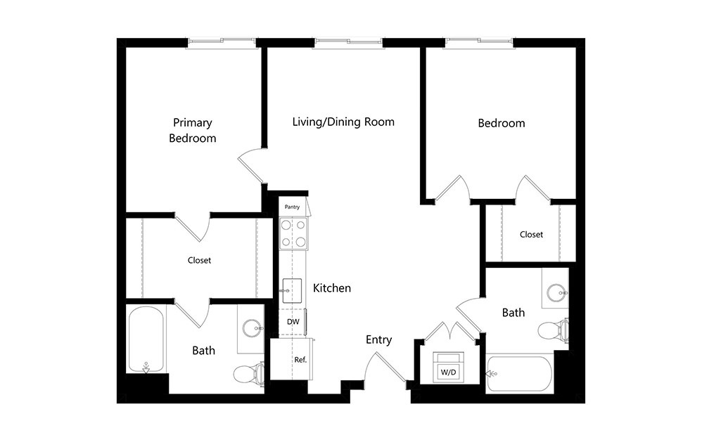 B7  - 2 bedroom floorplan layout with 2 baths and 911 square feet.