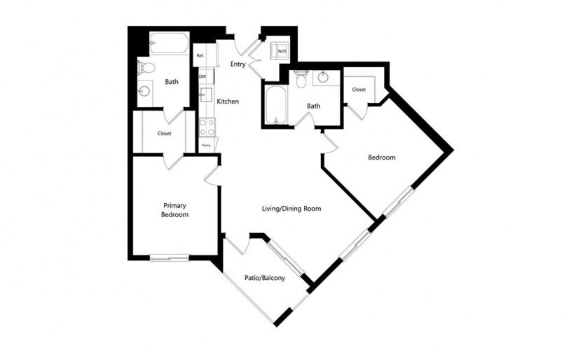 B9 - 2 bedroom floorplan layout with 2 baths and 989 square feet.