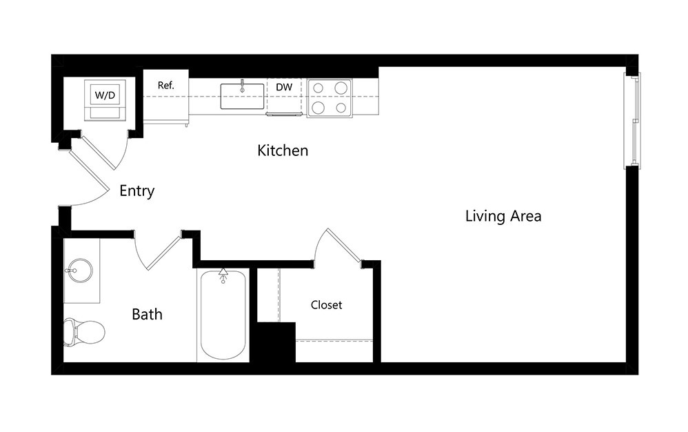 S2  - Studio floorplan layout with 1 bath and 553 square feet.