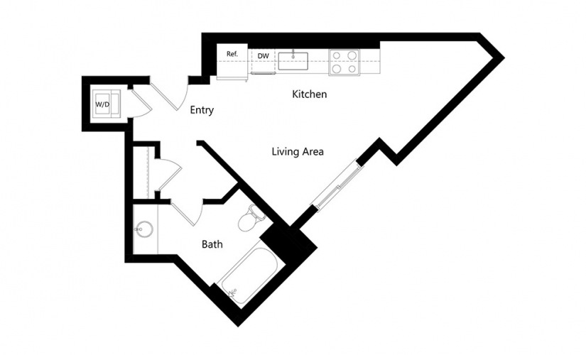 S3  - Studio floorplan layout with 1 bath and 423 square feet.