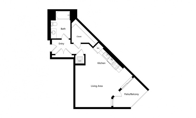 S5 - Studio floorplan layout with 1 bath and 601 square feet.